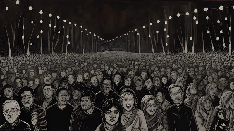 Ink illustration of a small British festival in woodland at night, string lights over a crowd, crimson glow