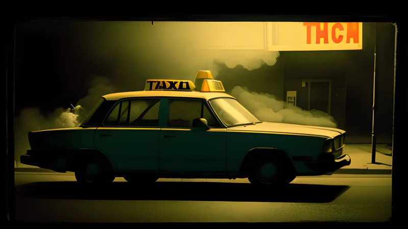 A taxi at night under a street lamp, its windscreen cracked in a spider's web