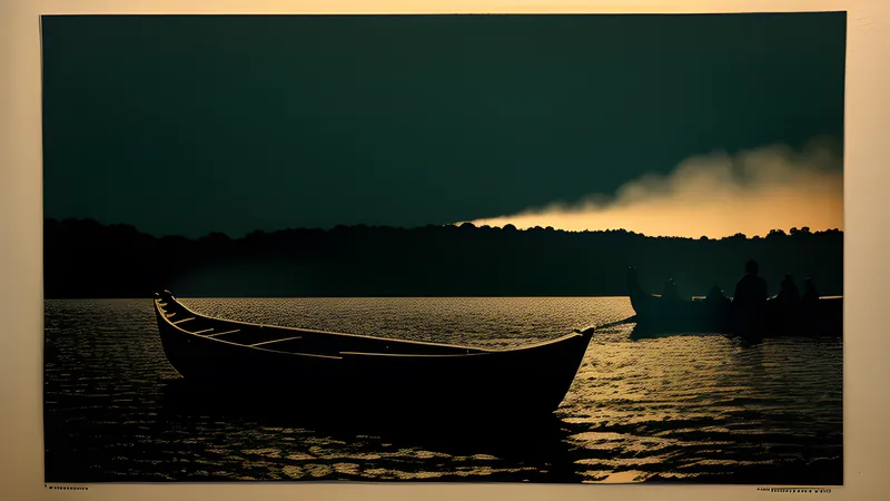 A still bay at dusk with a rowing boat adrift, teal water and amber sky