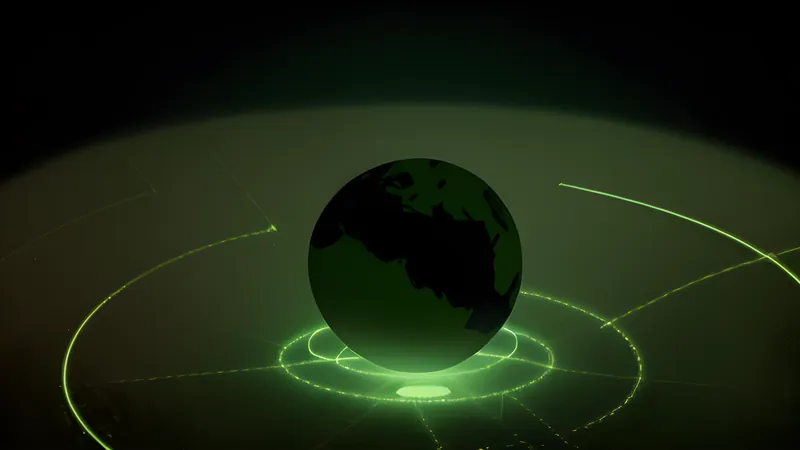 A single glowing document multiplying itself across a ring of distant glowing outposts circling a dark globe, muted green accent lighting