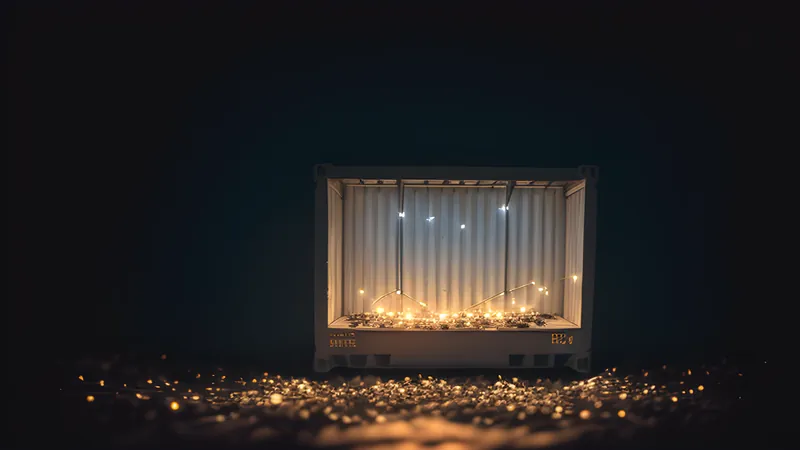 A translucent shipping container dissolving into shared kernel threads of light on a dark plane