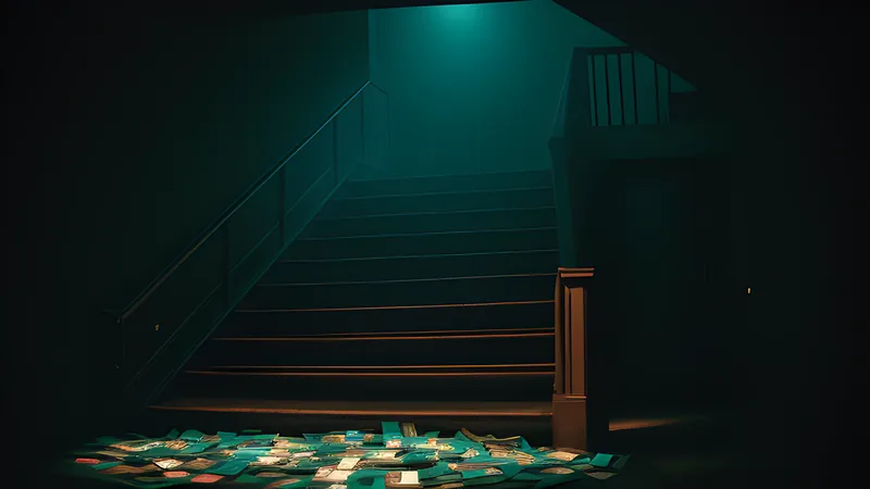 A tangled pile of scattered glowing records snapping into a single neat ascending staircase of light