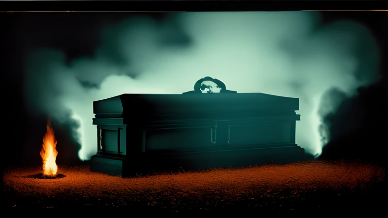 A coffin in darkness with a torch beam cutting across the lid
