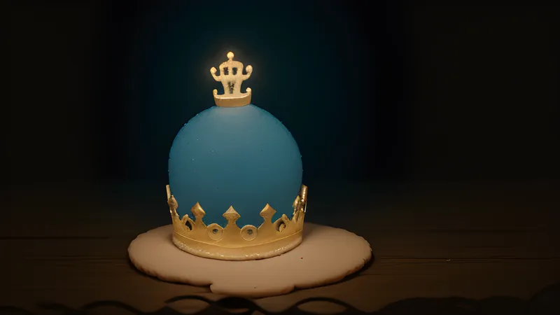 A small glowing token card wearing an oversized ornate crown, floating above a plain cookie shape