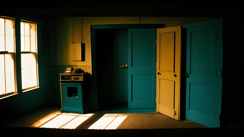 A cell door with a spoon and a coil of rope, lit as a teal-and-amber repertory poster