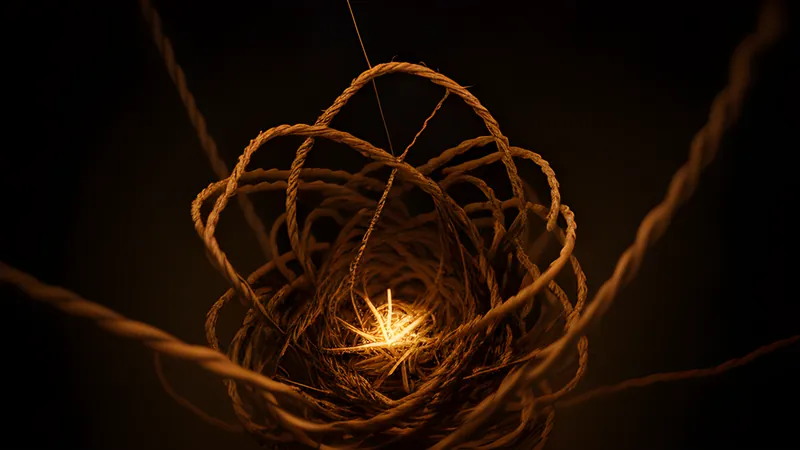 A dense glowing tangle of symbol-shapes knotted together, a single loose thread refusing to pull free