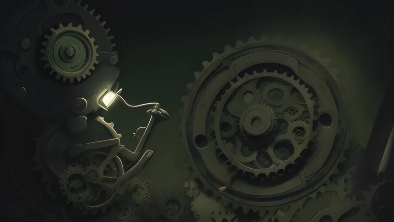 A single glowing lightweight page darting past a heavy churning machine of moving gears