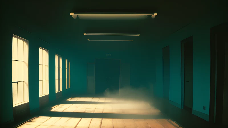Repertory poster art of a young woman in white alone in a sunlit château doorway with silhouettes waiting inside, teal and amber, projector light through smoke
