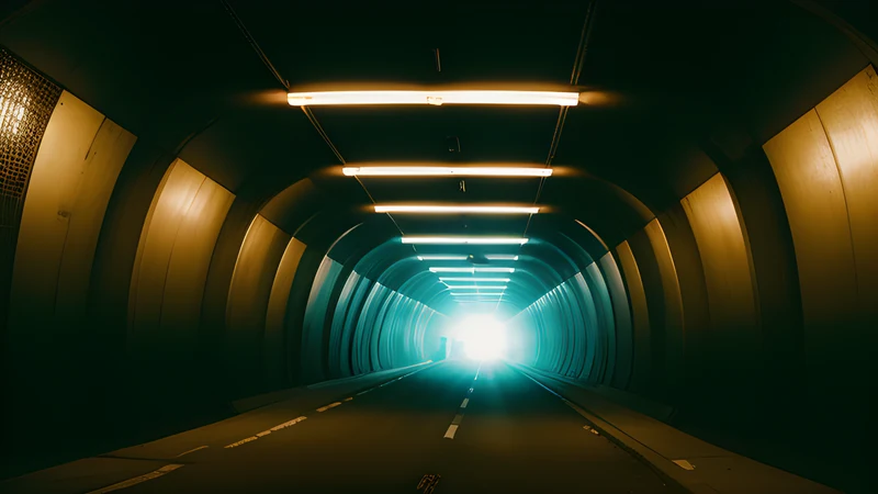 A concrete pedestrian tunnel at dawn with small objects and trinkets left at its mouth