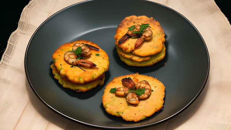 A split acarajé fritter filled with vatapá, prawns and chilli