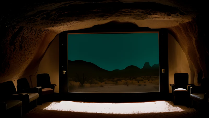 A desert carnival with a ferris wheel grown up around a dark cave mouth in a cliff