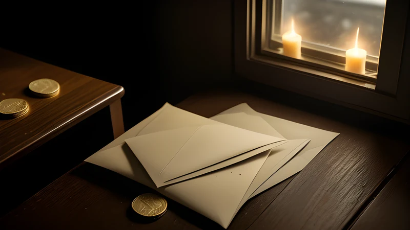 Paper envelopes filled with glowing coins arranged on a dark kitchen table