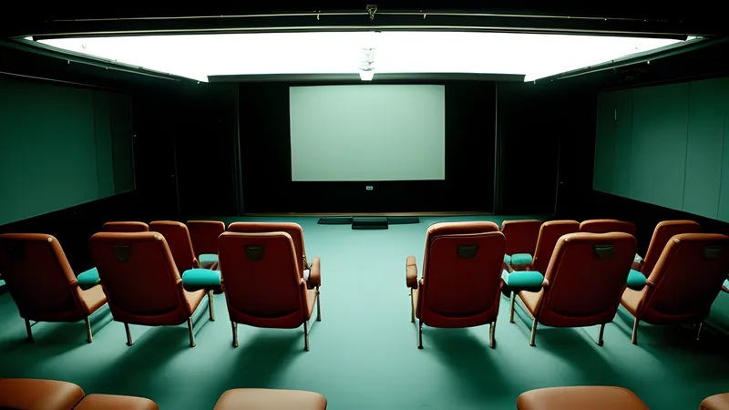 A glass clinic interior with two identical empty chairs, repertory cinema poster style