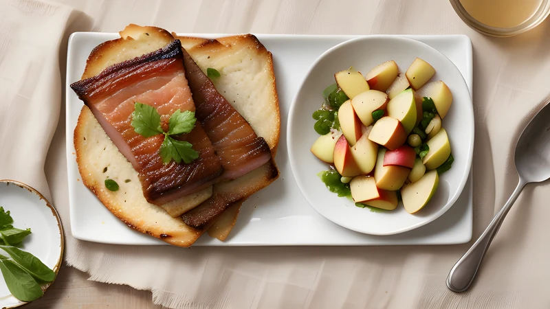 Crisp strips of fried pork belly over soft golden apples in a cast iron pan, with dark rye bread alongside