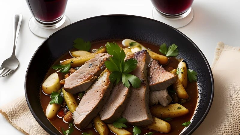 Dark braised pork cubes in a glossy wine sauce with cracked coriander seed