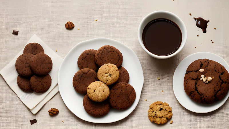 Round chocolate biscuits topped with glossy chocolate icing and a single walnut half, cooling on a wire rack