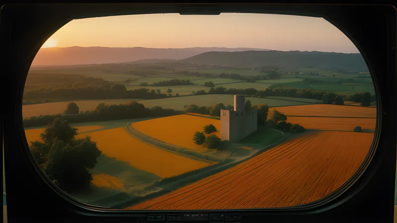 A stone keep and farmland grid viewed from a high isometric dawn