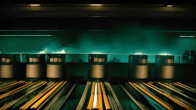 A lurid double-bill poster peeling on a wall, teal and amber, projector light through smoke