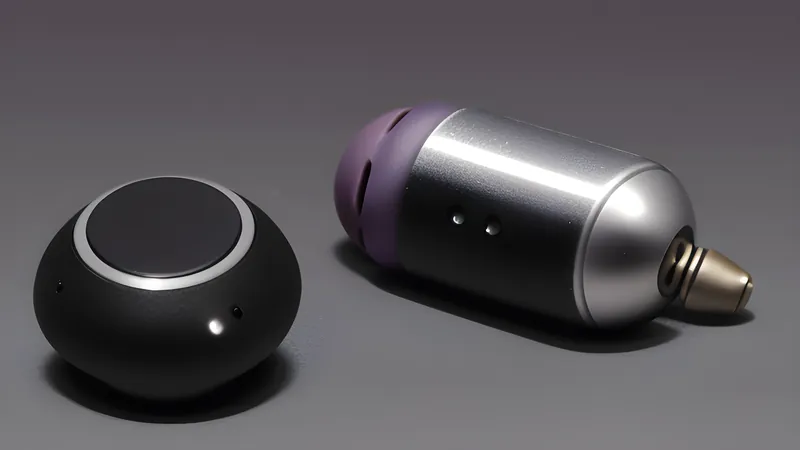 A worn invented earbud stem with a faint battery-level glow, foam tip slightly compressed