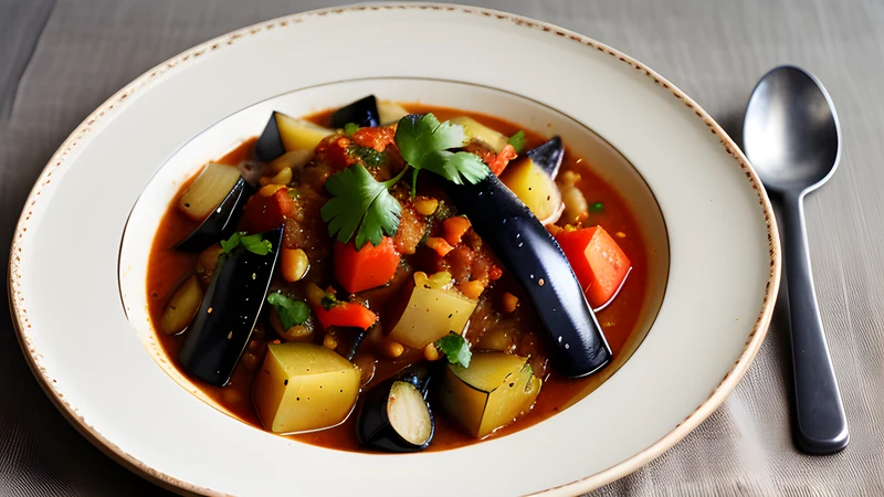 A clay dish of Georgian aubergine, pepper and tomato stew scattered with fresh coriander