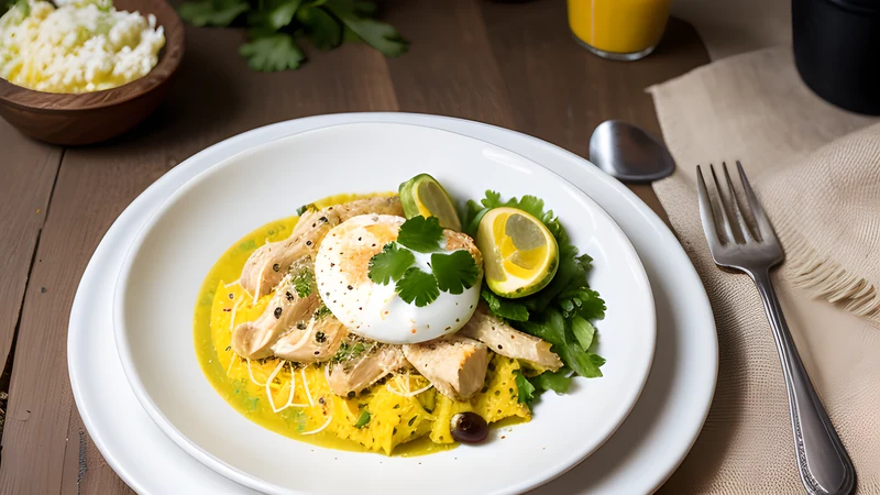 Golden shredded chicken in aji amarillo sauce over sliced potato, garnished with black olives and boiled egg