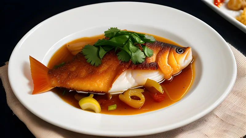 Fried whole mackerel steeped in sweet vinegar with sliced onion and red pepper