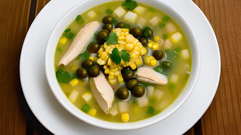 A bowl of ajiaco chicken and potato soup topped with cream, capers and a whole corn cob