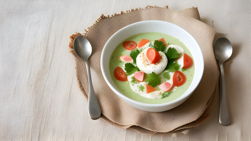 A shallow bowl of pale ivory almond soup topped with halved green grapes and a drizzle of olive oil
