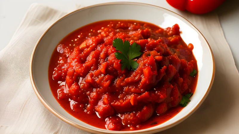 A glass jar of deep red ajvar beside a spoon and torn white bread on a linen cloth