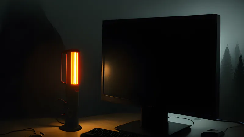 A single flashlight cone cutting through swirling black fog in a pine forest, rendered in warm CRT amber