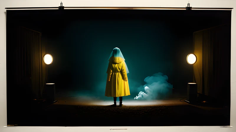 A white communion veil beside a yellow raincoat hanging on a hook, in teal and amber repertory-poster light