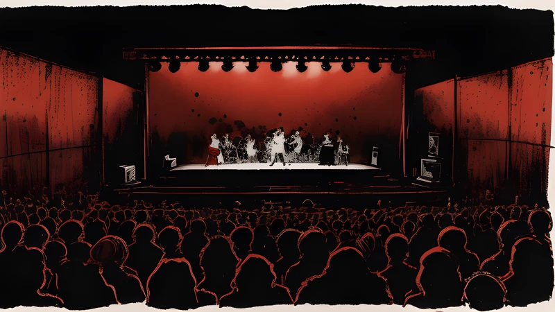 A left-field listening-room stage with a seated crowd bathed in warm light