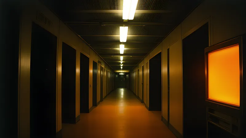 A dark corridor grid glowing in burnt amber phosphor with a countdown haze and heavy scanlines