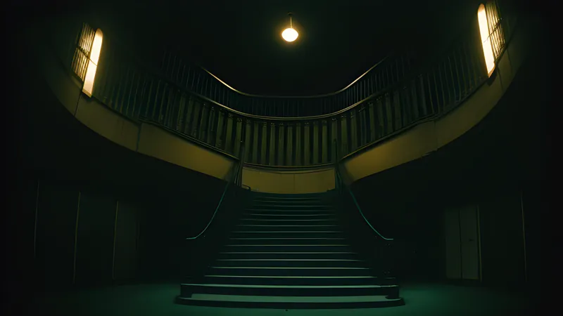 A spiral staircase of coloured glass lit in teal and amber, shot from below