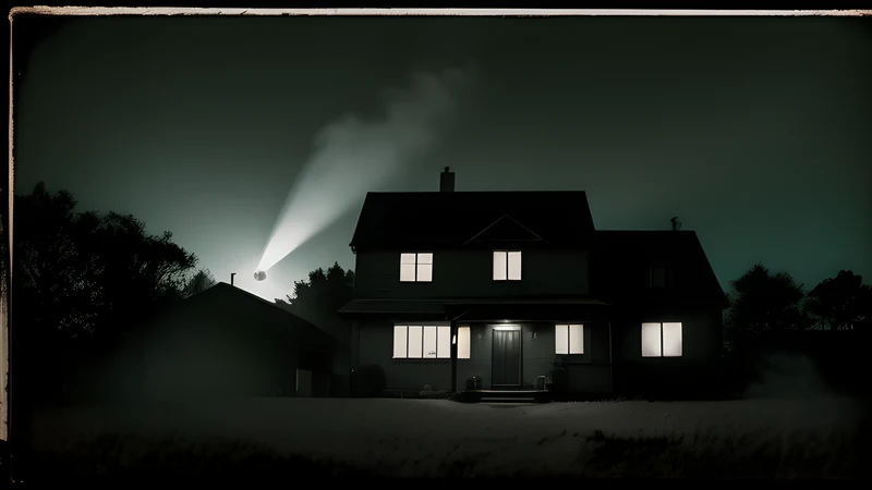 A suburban house in a blackout with torch beams crossing in the darkness outside