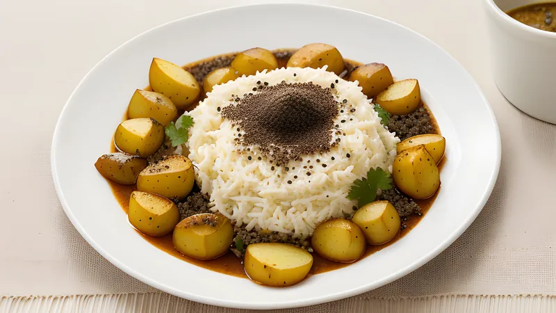 Cubed potatoes coated in a pale creamy white poppy seed paste in a shallow pan