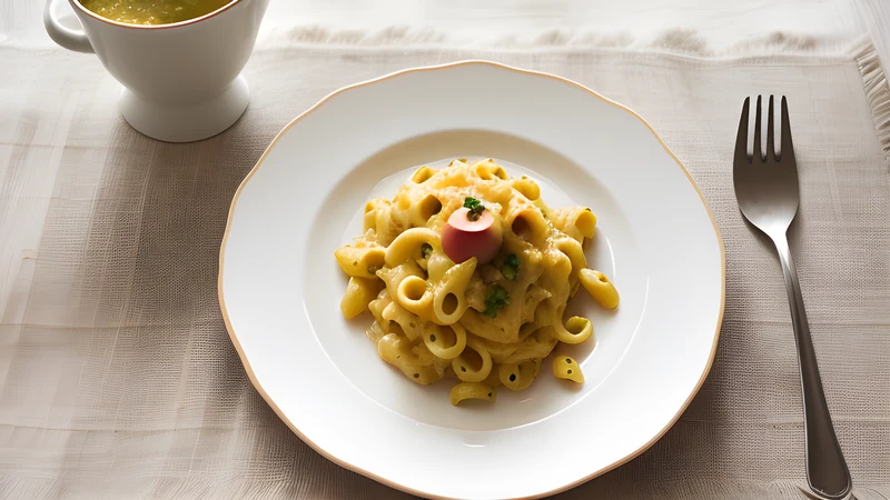 A dish of creamy macaroni and potato topped with dark crisp fried onions, a bowl of apple sauce beside it