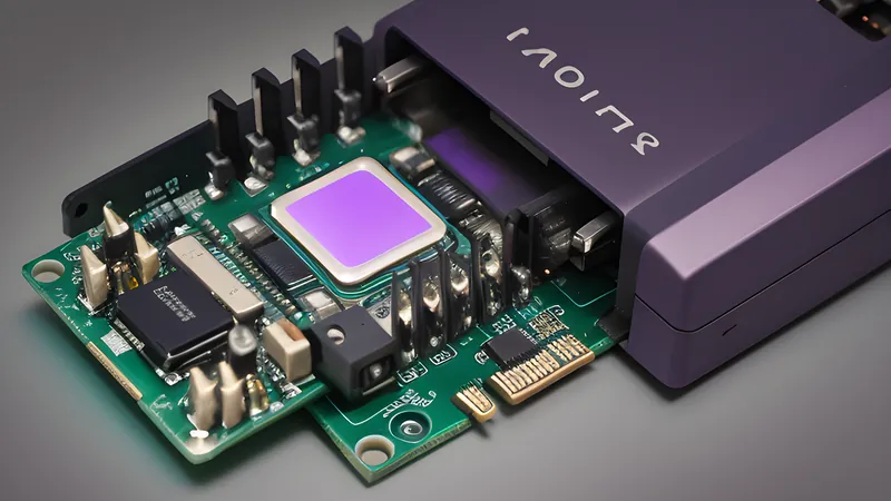 An invented handheld console body cutaway revealing an FPGA chip glowing beside a cartridge slot mechanism