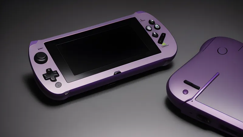 Two invented pocket handheld console bodies side by side, one boxier, one rounded with a smaller screen