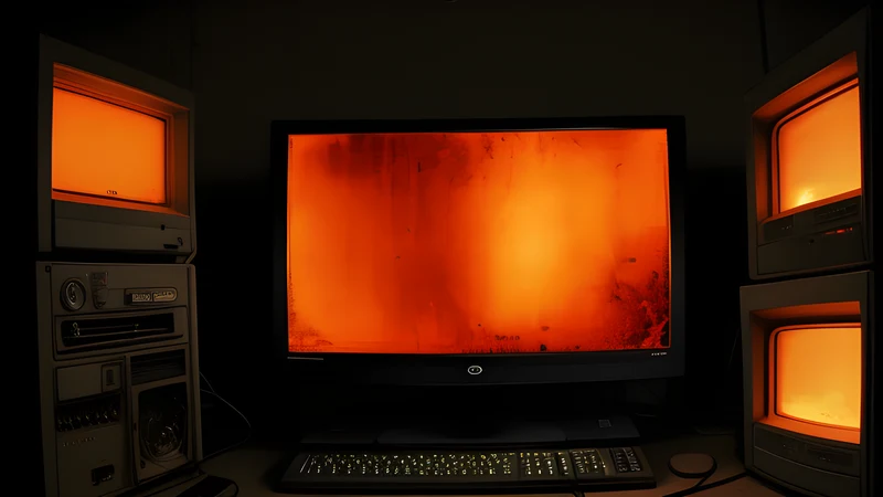 An assembler listing scrolling in amber over the curved metal hull of a spacecraft, scanlines across the frame