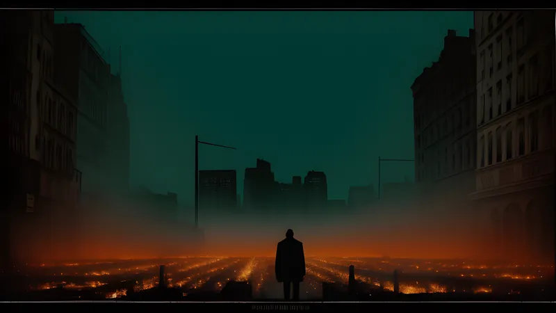 A vast drowned gothic city under a dead sky, rendered as a moody repertory-cinema poster in teal and amber