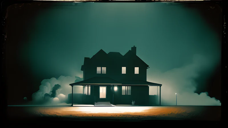 A lone house photographed from a steep canted overhead angle at dusk
