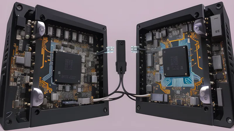 Two invented GaN charging brick forms side by side, internal transformer coils glowing through translucent shells