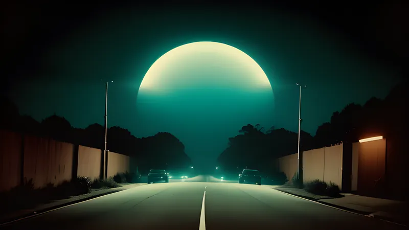 A duplicate planet hanging low over a suburban road at dusk, repertory cinema poster style