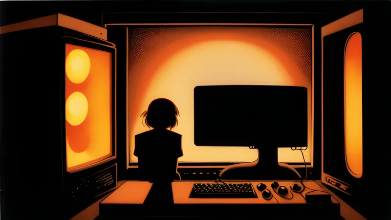 A lone figure against a vast alien horizon in amber CRT glow
