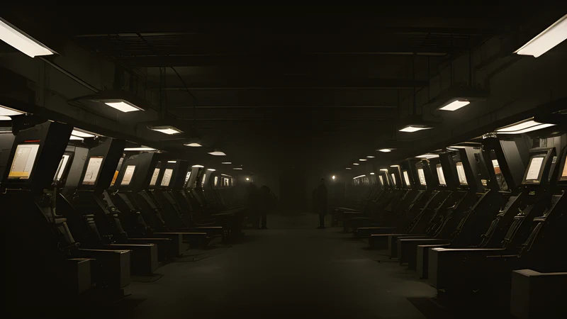 A single open musical score conducting a dark rack of machines into unison