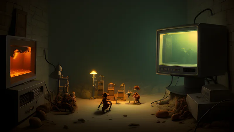 An isometric sandstone city crawling with giant ants beneath a hazy sky, rendered in CRT phosphor glow