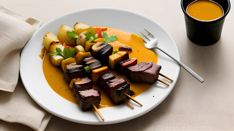 Char-grilled marinated beef heart skewers with grill marks, served with boiled potato and aji sauce