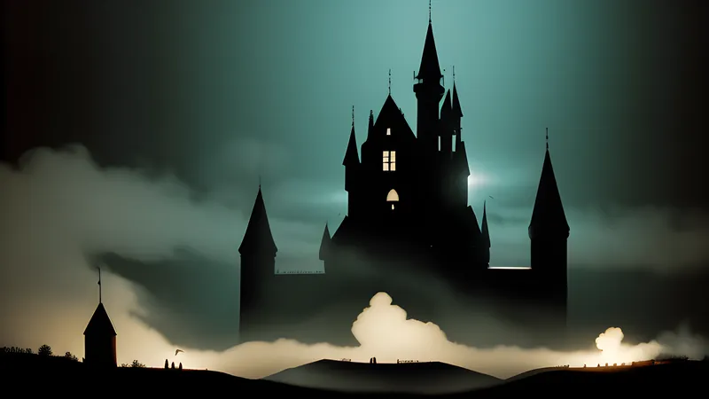 A model spacecraft on wires suspended above a fog-filled gothic castle miniature set