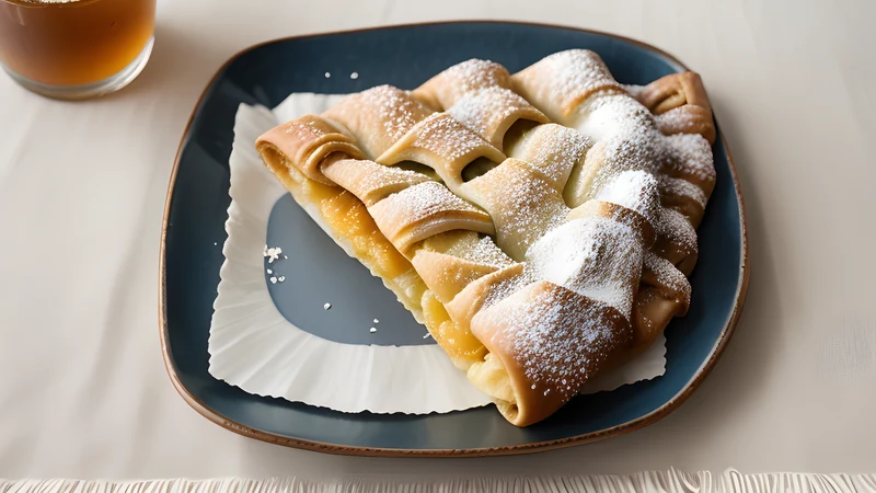 A cut slice of apple strudel showing spiralled layers of thin pastry around apple and raisins, dusted with icing sugar